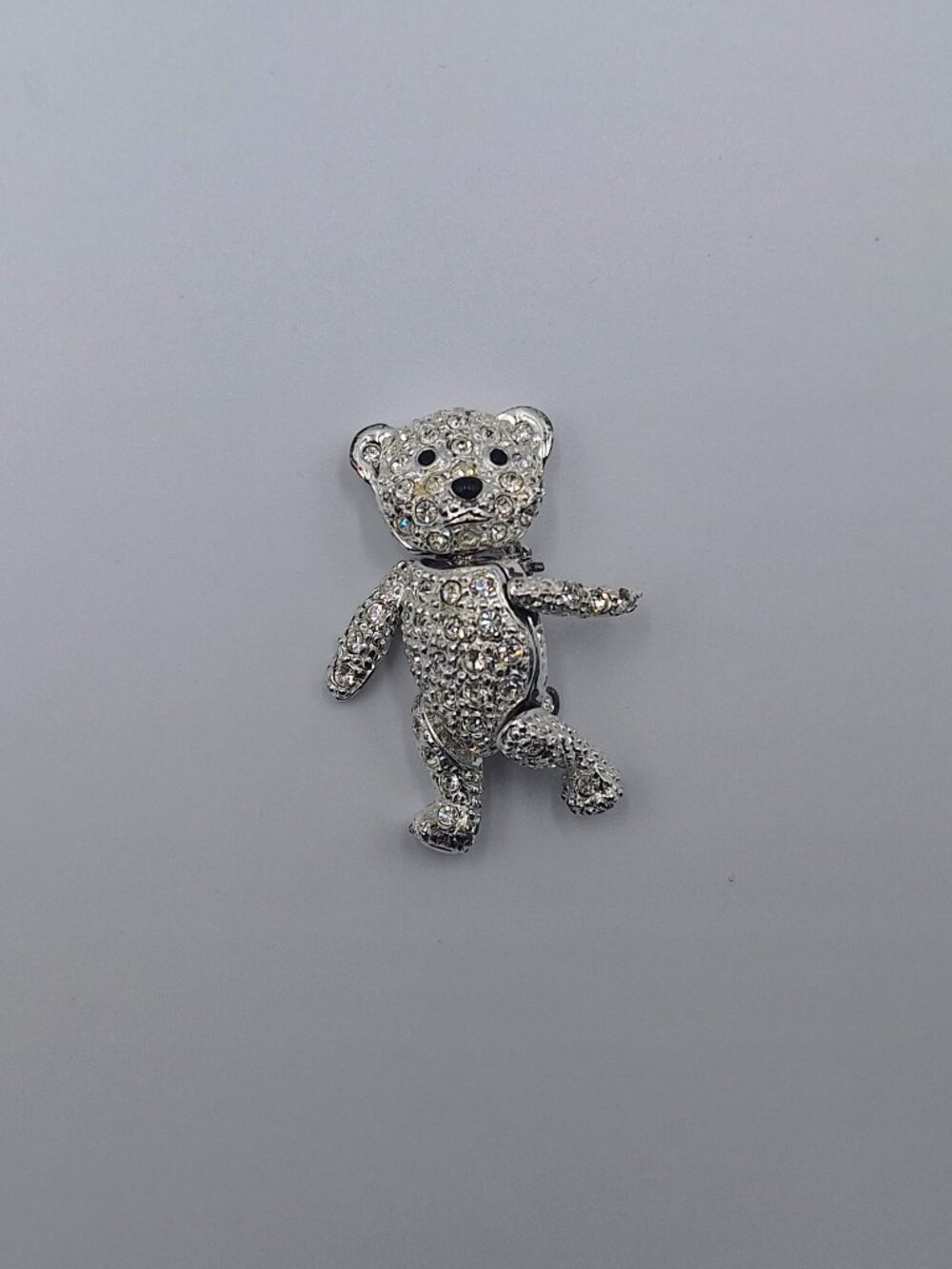 Silver Tone Rhinestones Articulated Teddy Bear Brooch Pin